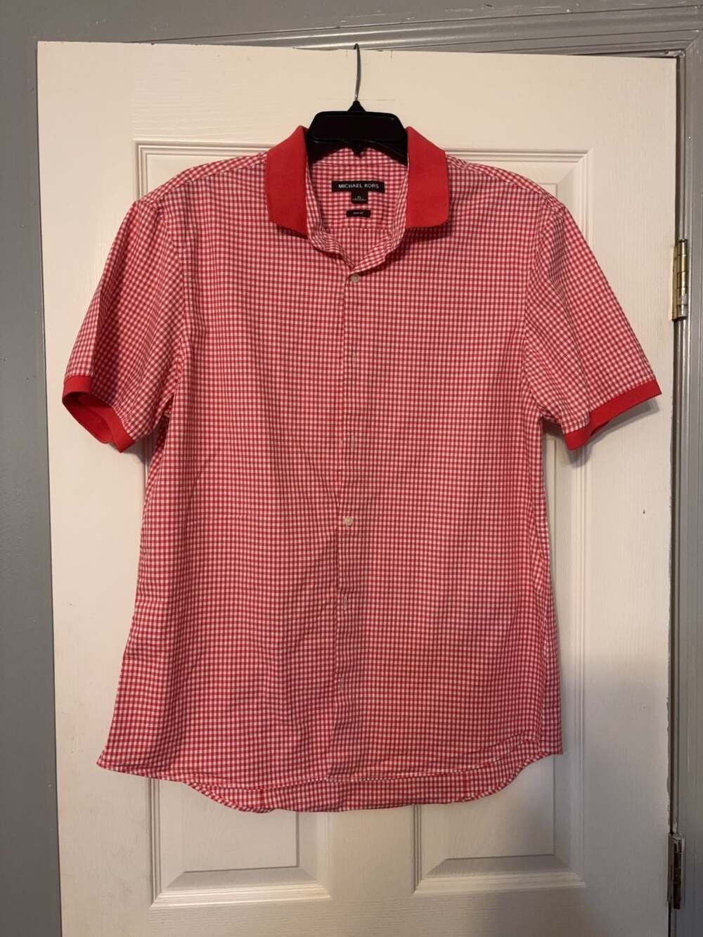 Michael Kors Mens Slim Fit Red and White Gingham Short Sleeve Button Down Shirt